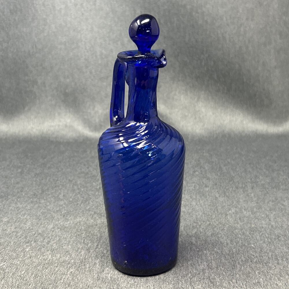 OOAK Cobalt Blue Glass Decanter Cruet Bottle Stopper Optic Swirl Applied Handle - Picture 4 of 14